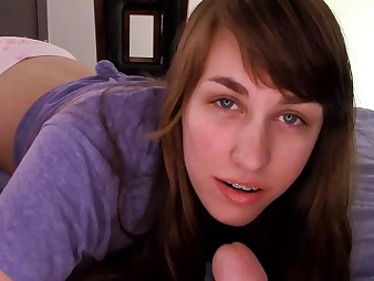 See Covets, a teenage dark haired baby sitter, get a jummy internal ejaculation