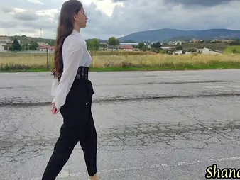 Cute teen with long seta increased by a swaggering heels gets a soaking increased by wild alfresco shower